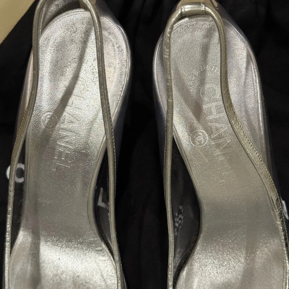 Vintage Chanel Silver Cap Toe Leather and PVC Pumps